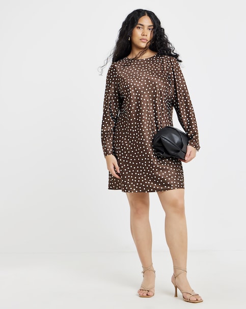 Chocolate And Blue Spot Print Satin Shift Dress
