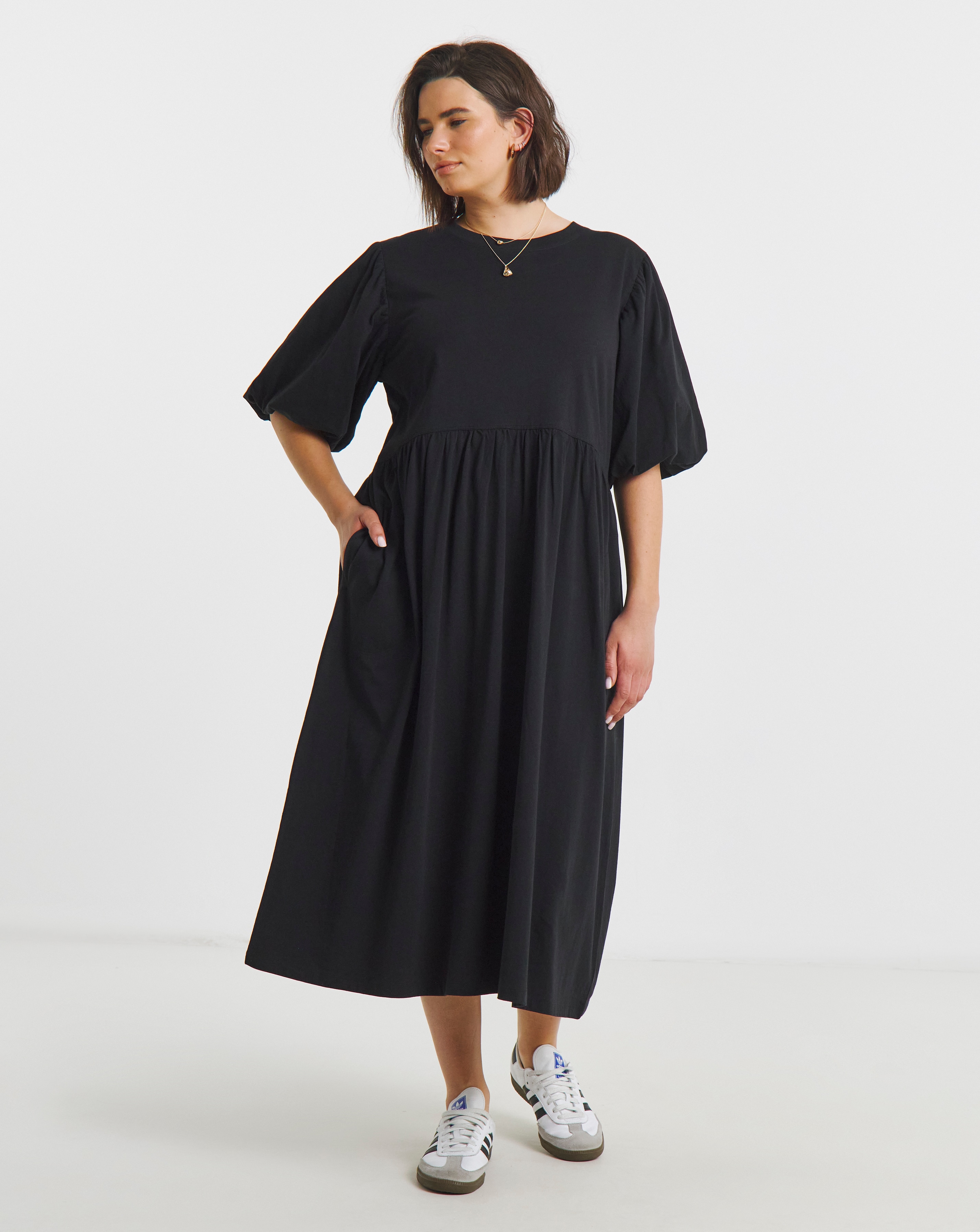 New In - Puff Sleeve Jersey Smock Pocket Midi