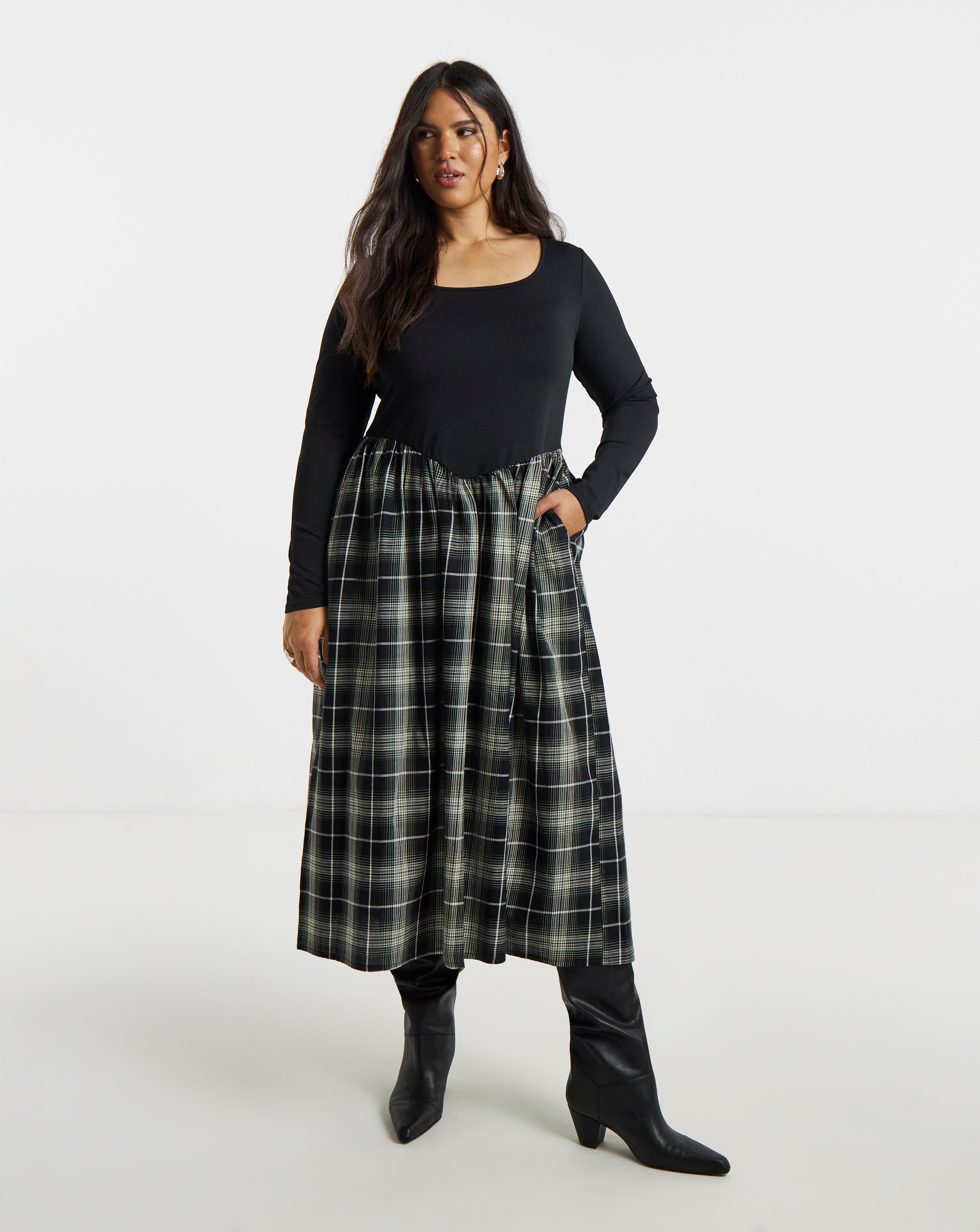 New In - Jersey Woven Mix Check Midi Dress