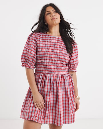 Shirred Check Smock Dress