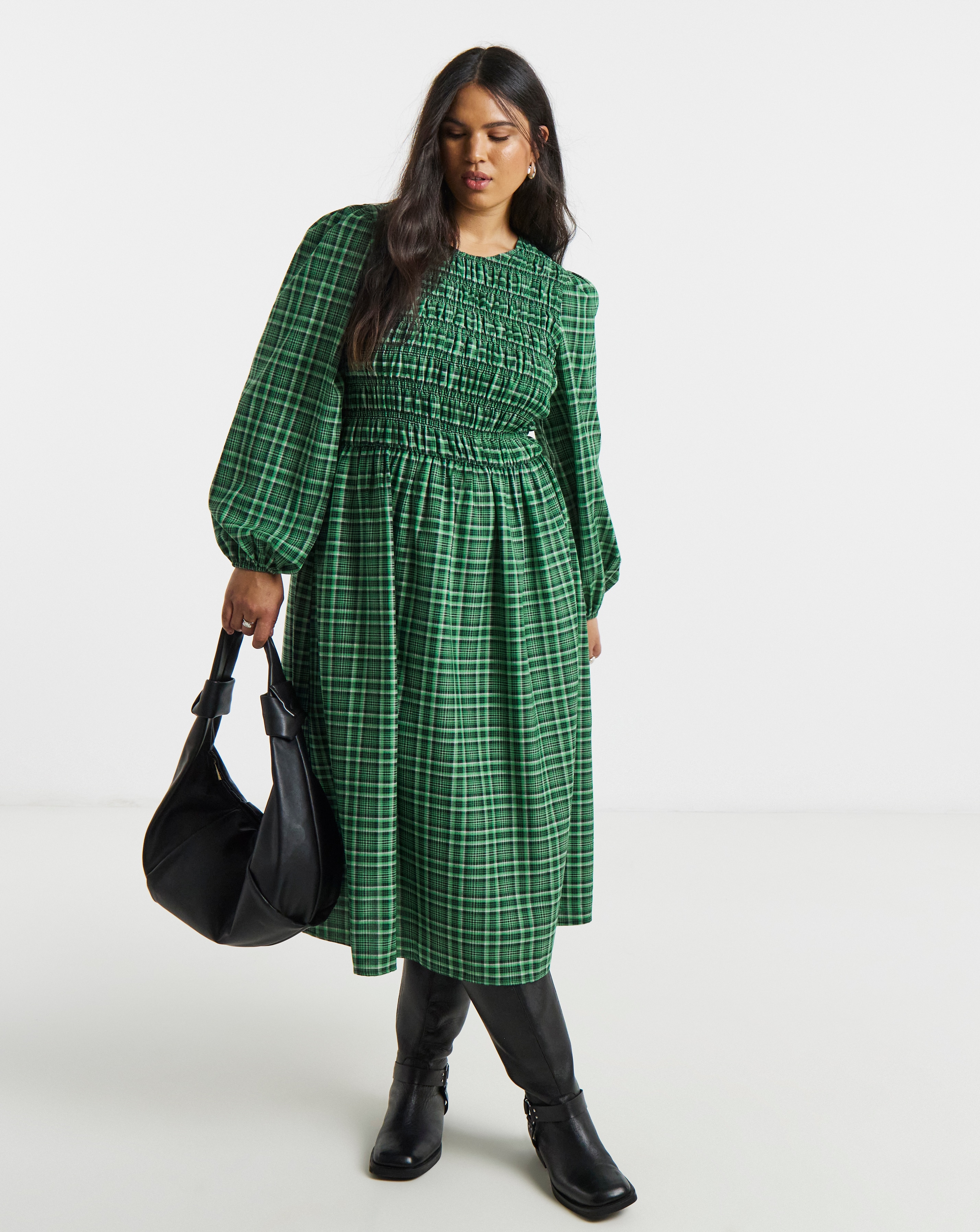 New In - Shirred Check Midi Dress