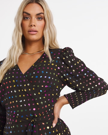 Rainbow Foil Wrap Long Sleeve Midi Dress with Shirred Cuff
