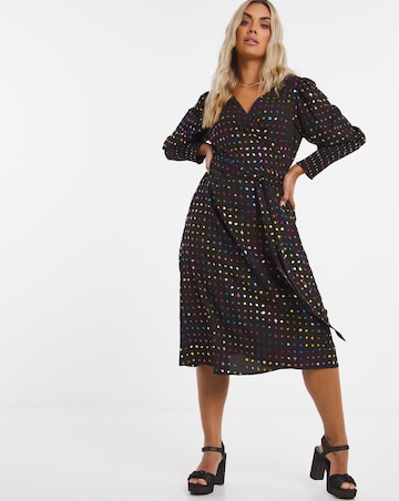 Rainbow Foil Wrap Long Sleeve Midi Dress with Shirred Cuff