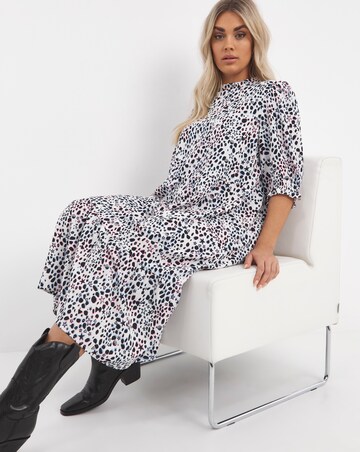 Black Print Midi Dress with Frill Neck