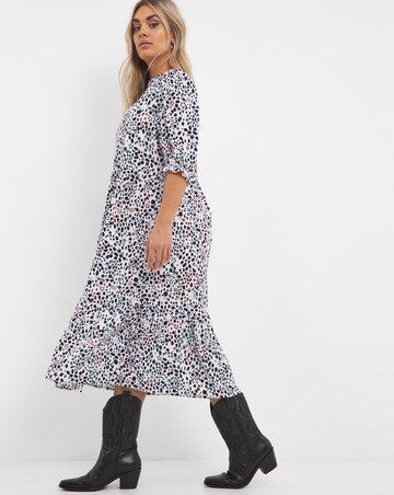 Black Print Midi Dress with Frill Neck