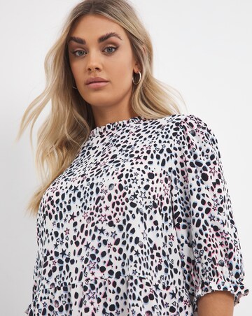 Black Print Midi Dress with Frill Neck