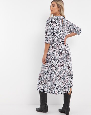 Black Print Midi Dress with Frill Neck