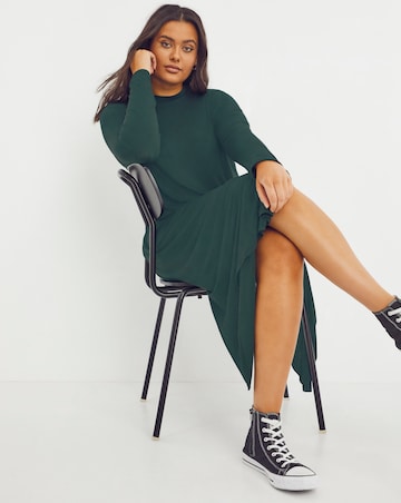 Dark Green Long Sleeve Side Split T-Shirt Midi Dress