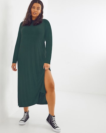 Dark Green Long Sleeve Side Split T-Shirt Midi Dress