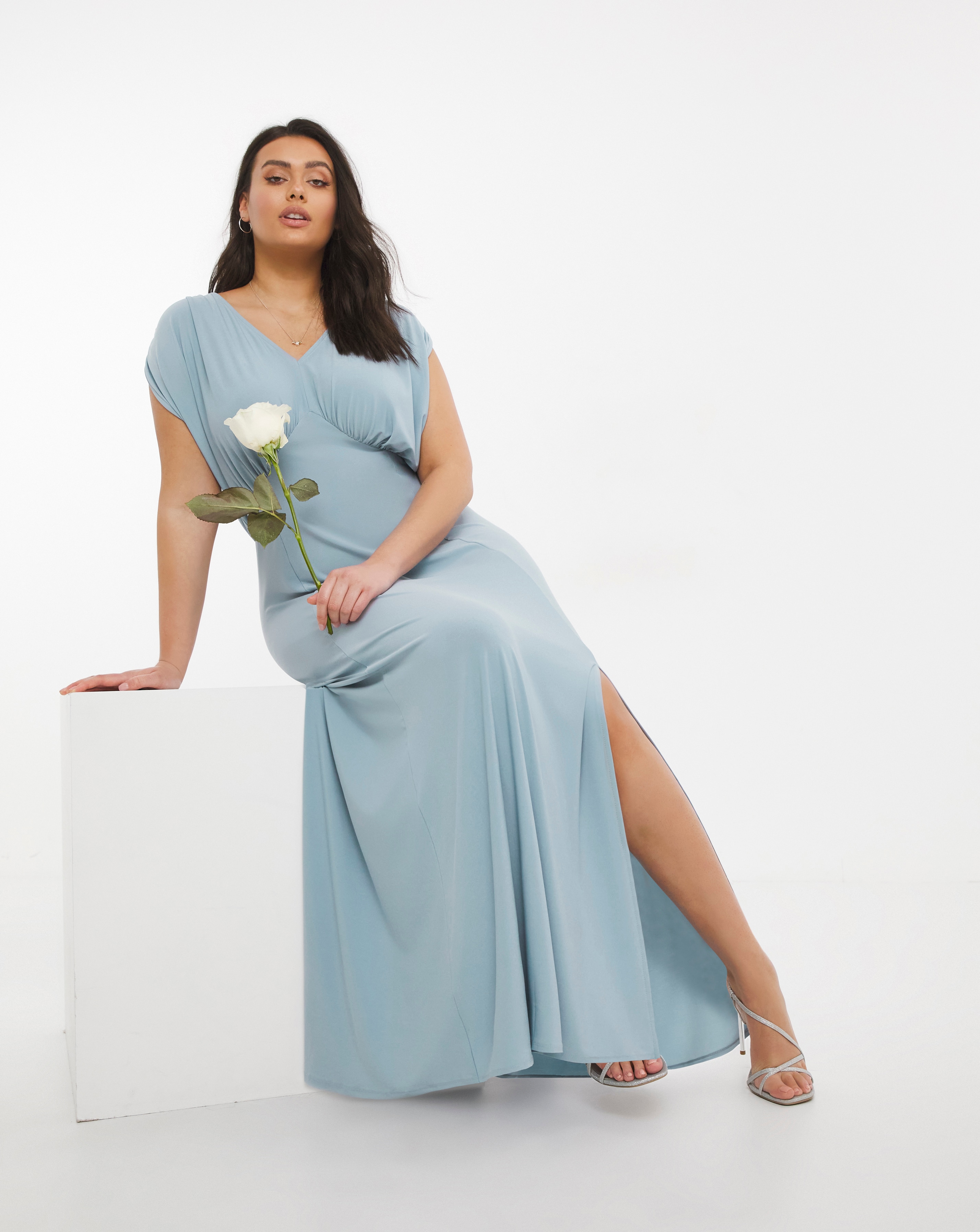 Blue Angel Sleeve Maxi Dress With Side 