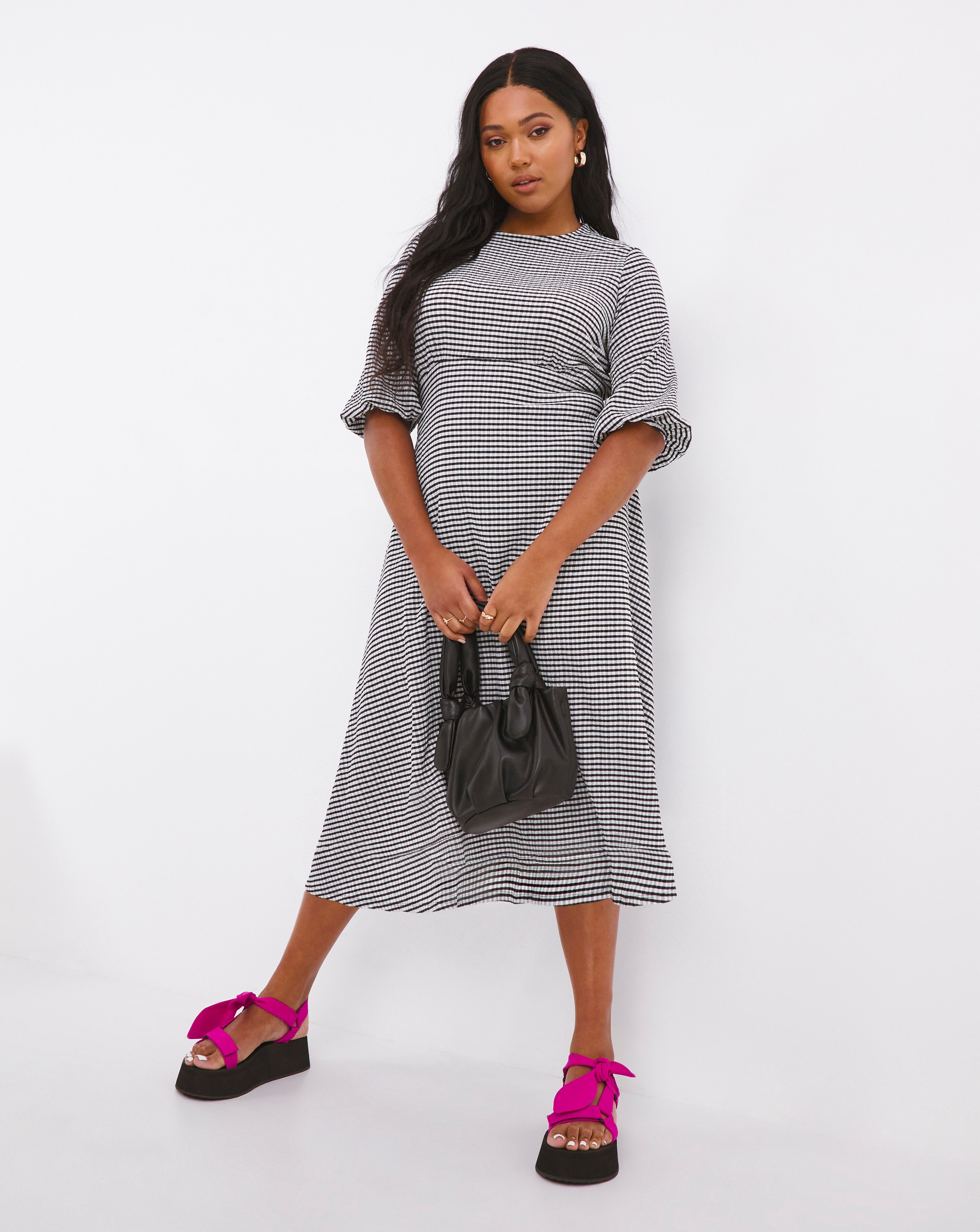 Waffle Gingham Midi Dress With Tie Back 