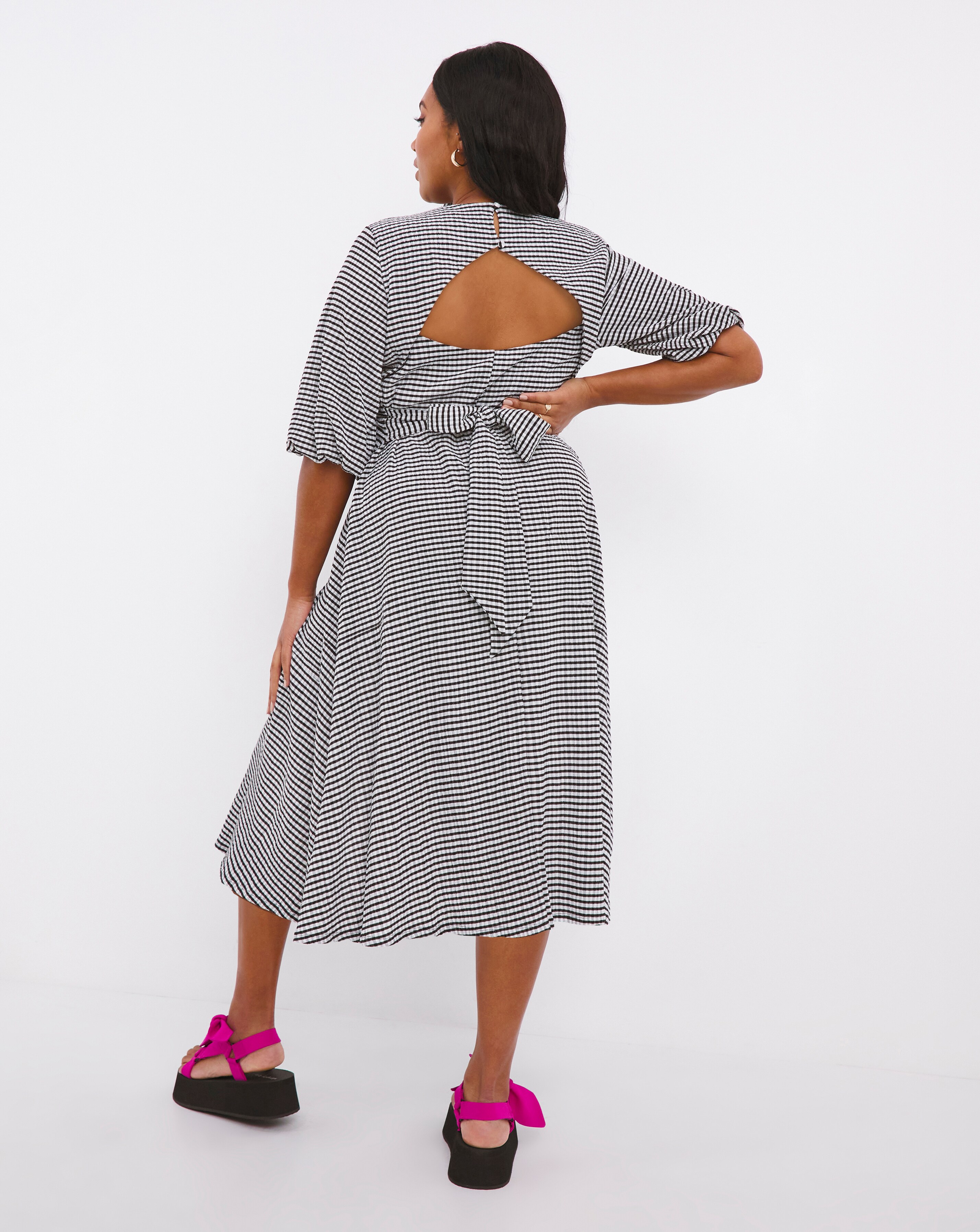 Waffle Gingham Midi Dress With Tie Back 