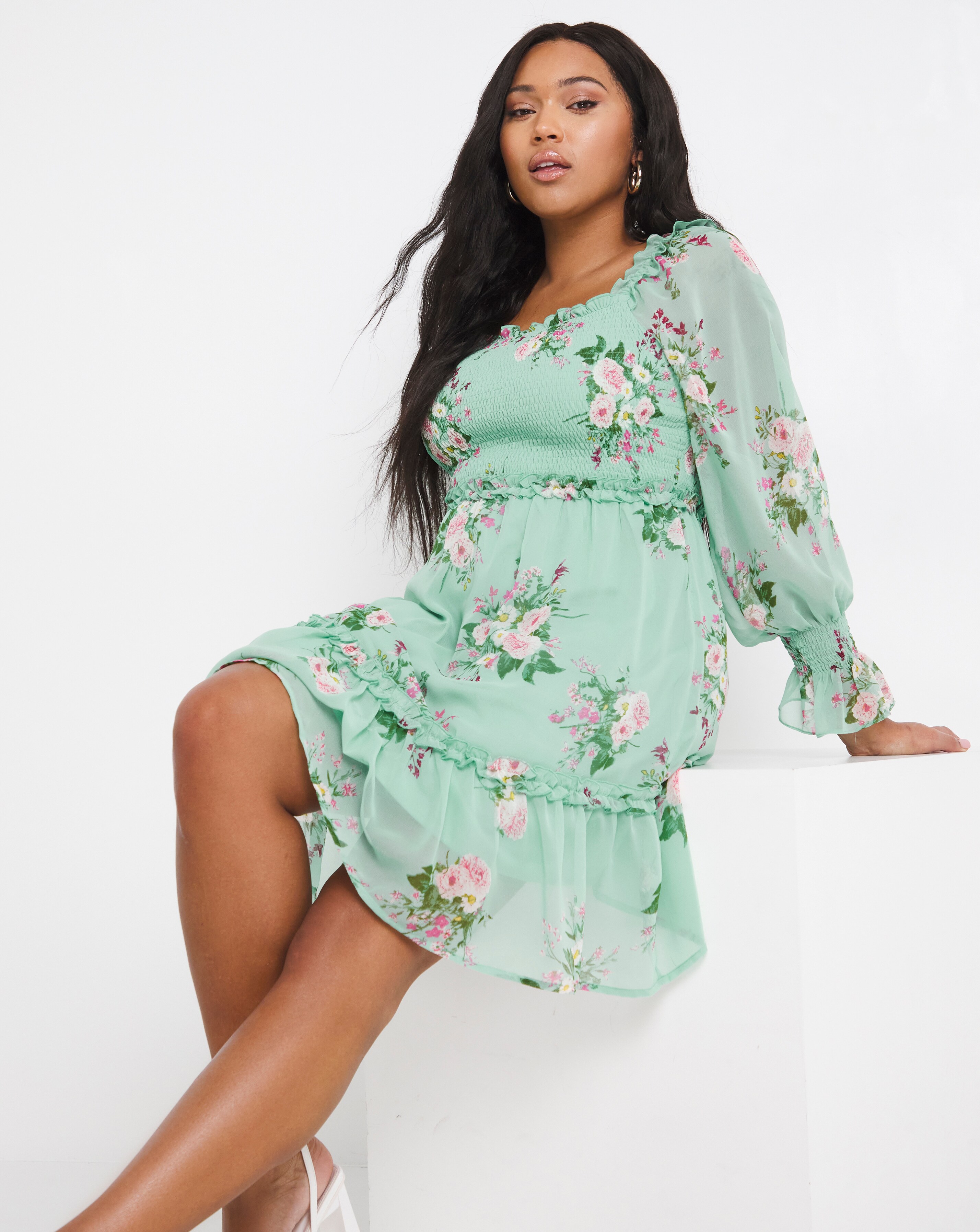 Mint Floral Shirred Long Sleeve Skater 