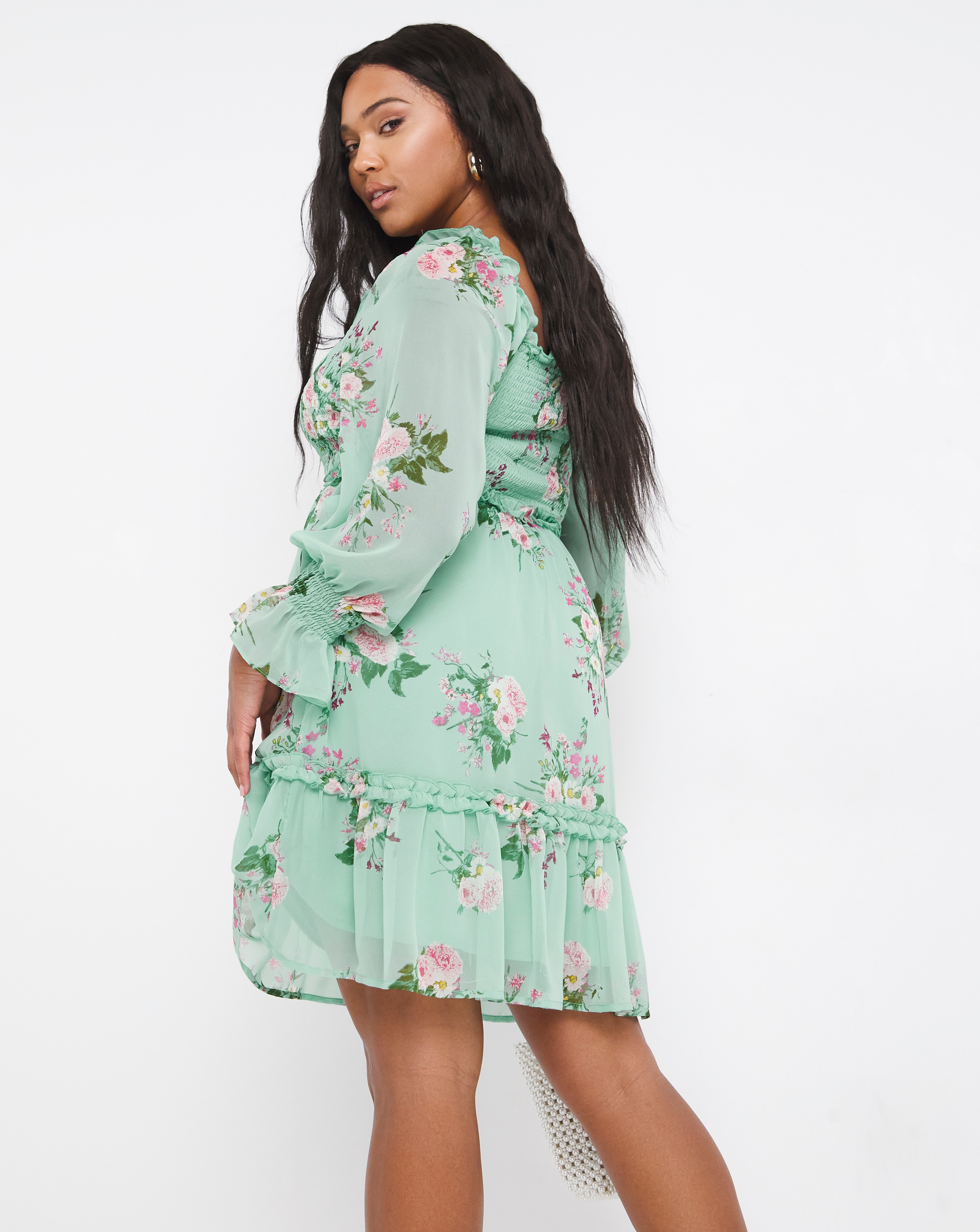 Mint Floral Shirred Long Sleeve Skater 