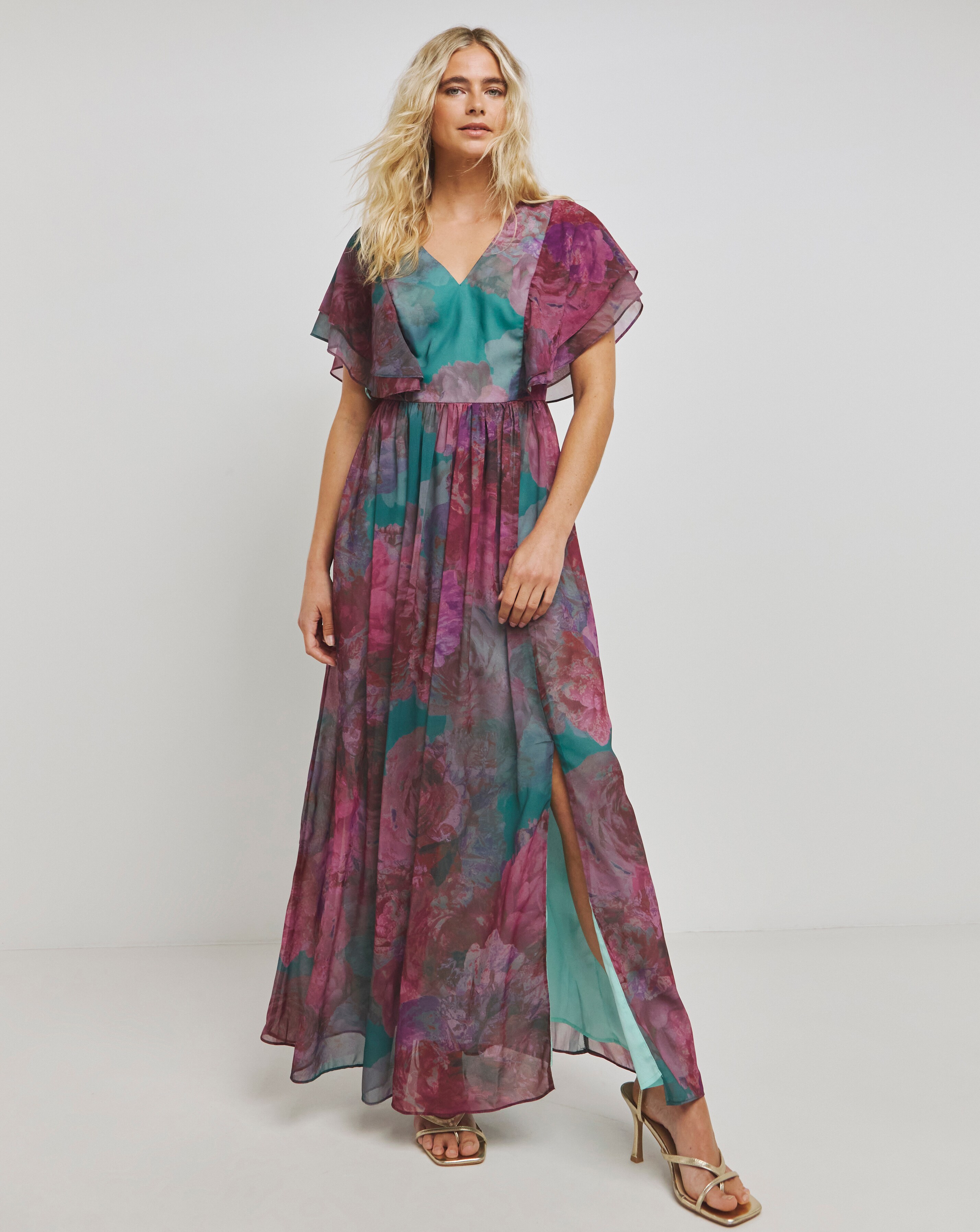 Nine.Eight Women's Flutter Sleeve Faux Wrap Maxi Dress