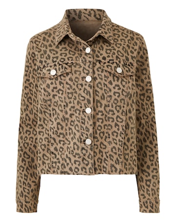Oversized Leopard Print Raw Hem Denim Jacket