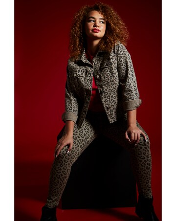 Oversized Leopard Print Raw Hem Denim Jacket