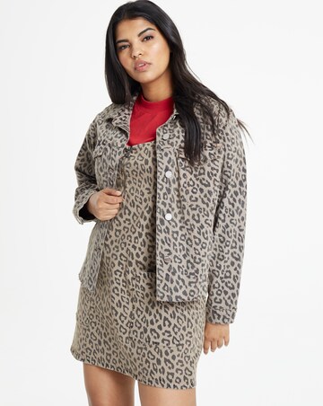 Oversized Leopard Print Raw Hem Denim Jacket