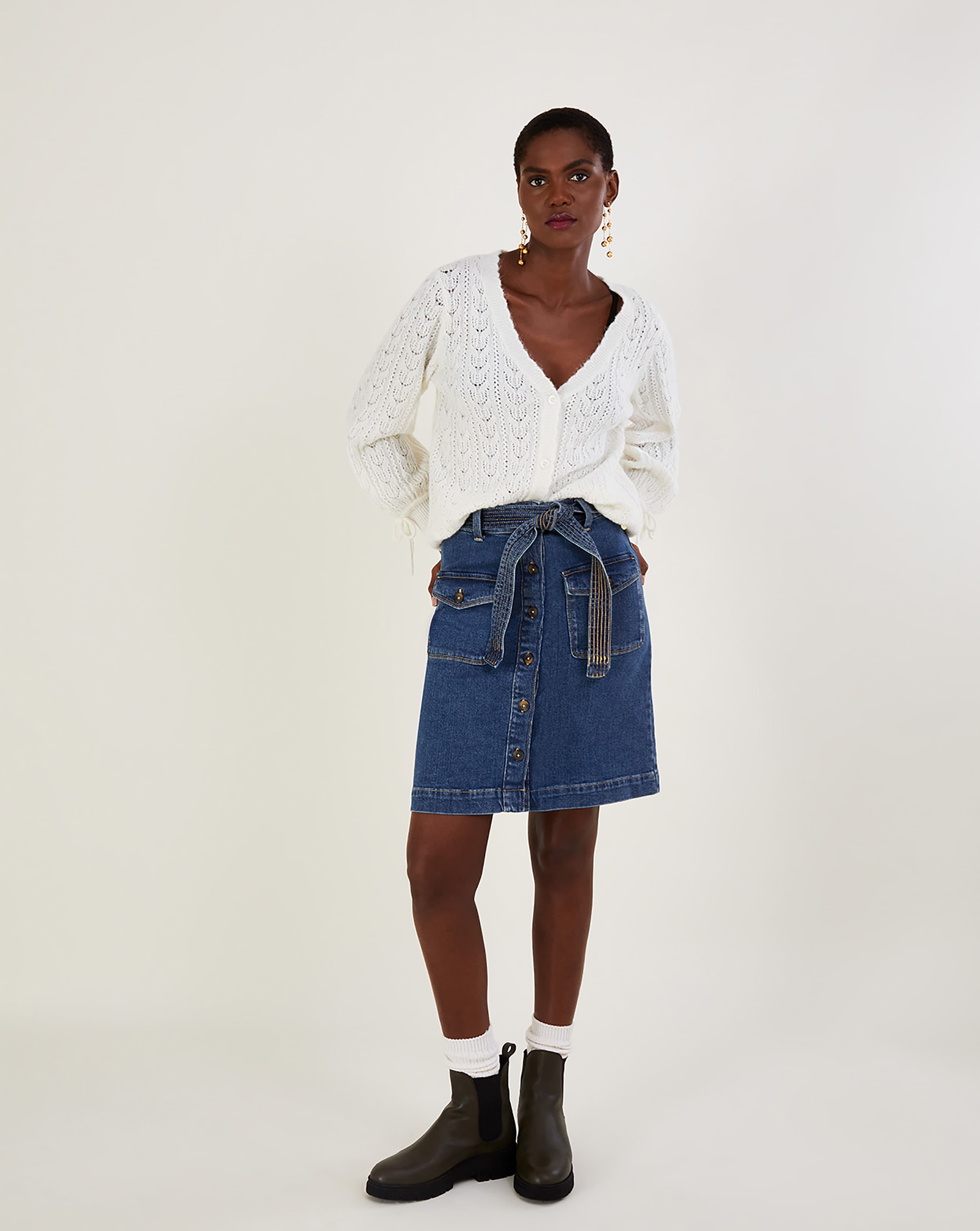 Belted sales denim skirt
