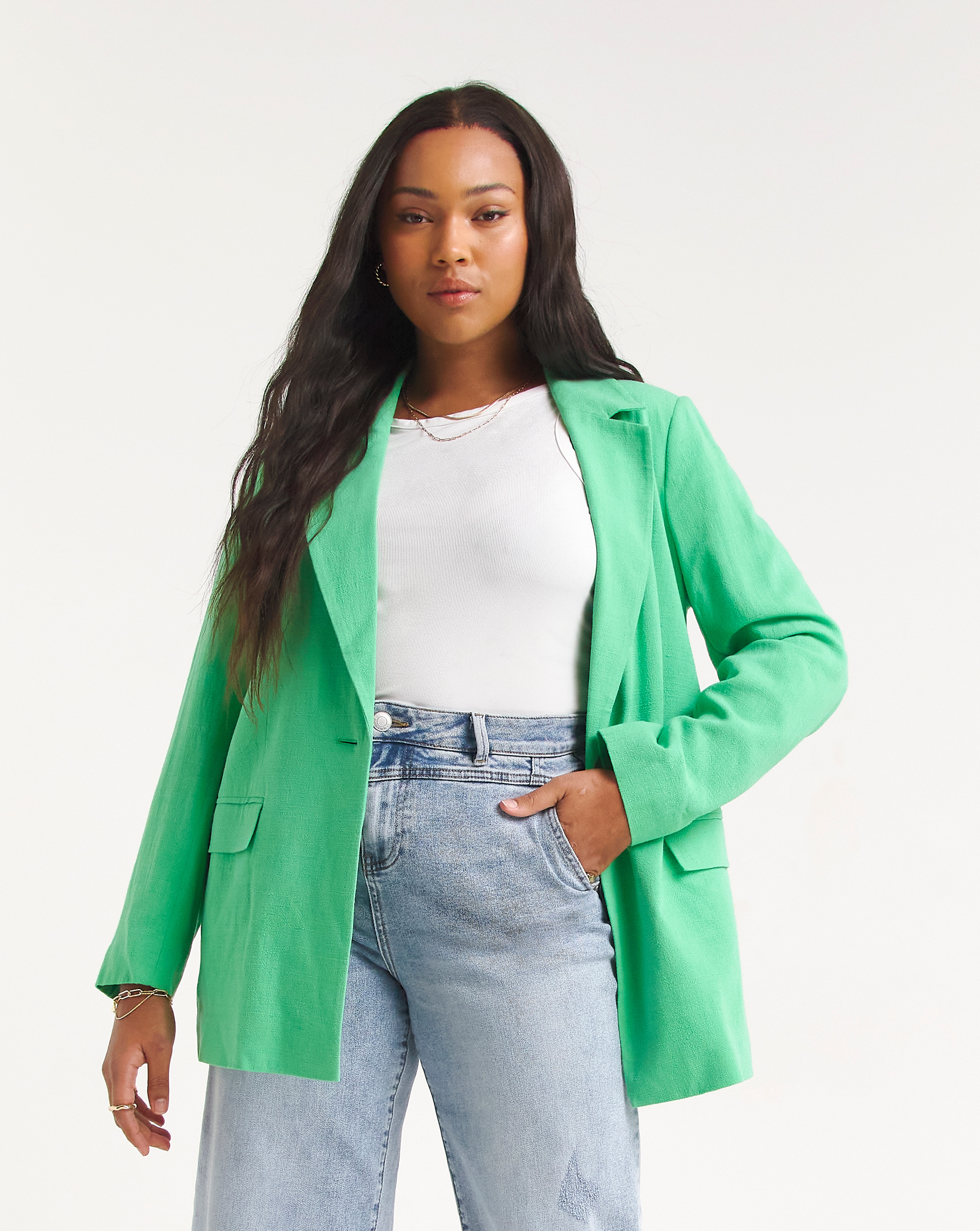 Green Single Breasted Relaxed Linen Look Blazer Simply Be