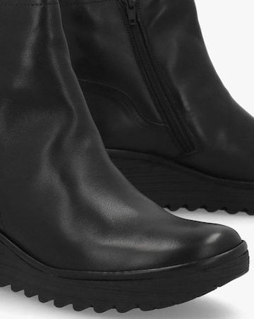 Fly London Yeti Black Leather Wedge Ankle Boots