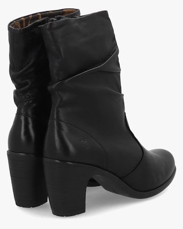 Fly London Klei Black Leather Rouched Block Heel Ankle Boots