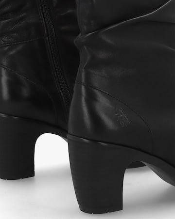 Fly London Klei Black Leather Rouched Block Heel Ankle Boots