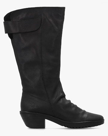 Fly London Waki Black Leather Stacked Heel Knee Boots