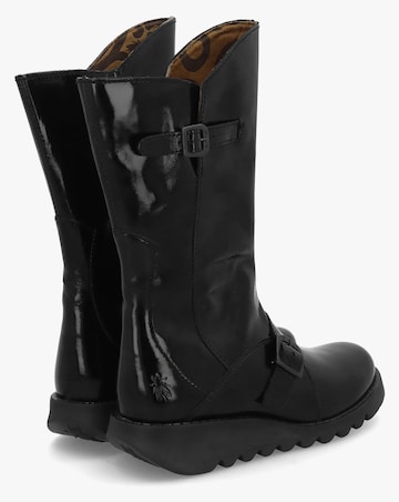 Fly London Mes II Black Patent Leather Low Wedge Calf Boots
