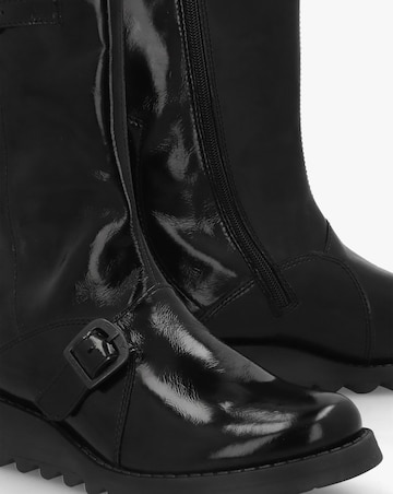 Fly London Mes II Black Patent Leather Low Wedge Calf Boots