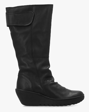 Fly London Yulo Black Leather Wedge Knee Boots