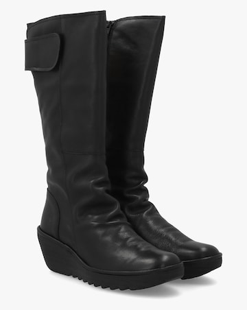 Fly London Yulo Black Leather Wedge Knee Boots