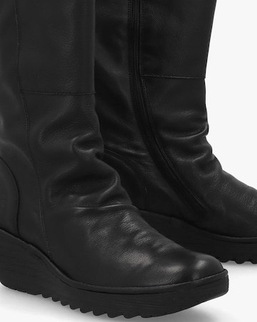 Fly London Yulo Black Leather Wedge Knee Boots
