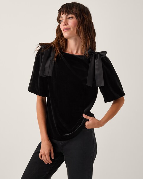 Monsoon Vittoria Bow Velvet T-Shirt - Black