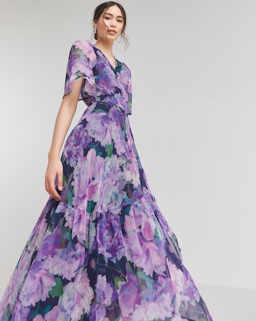 Hope & Ivy Adele Purple Floral Flutter Sleeve Wrap Maxi Dress