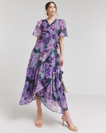 Hope & Ivy Adele Purple Floral Flutter Sleeve Wrap Maxi Dress