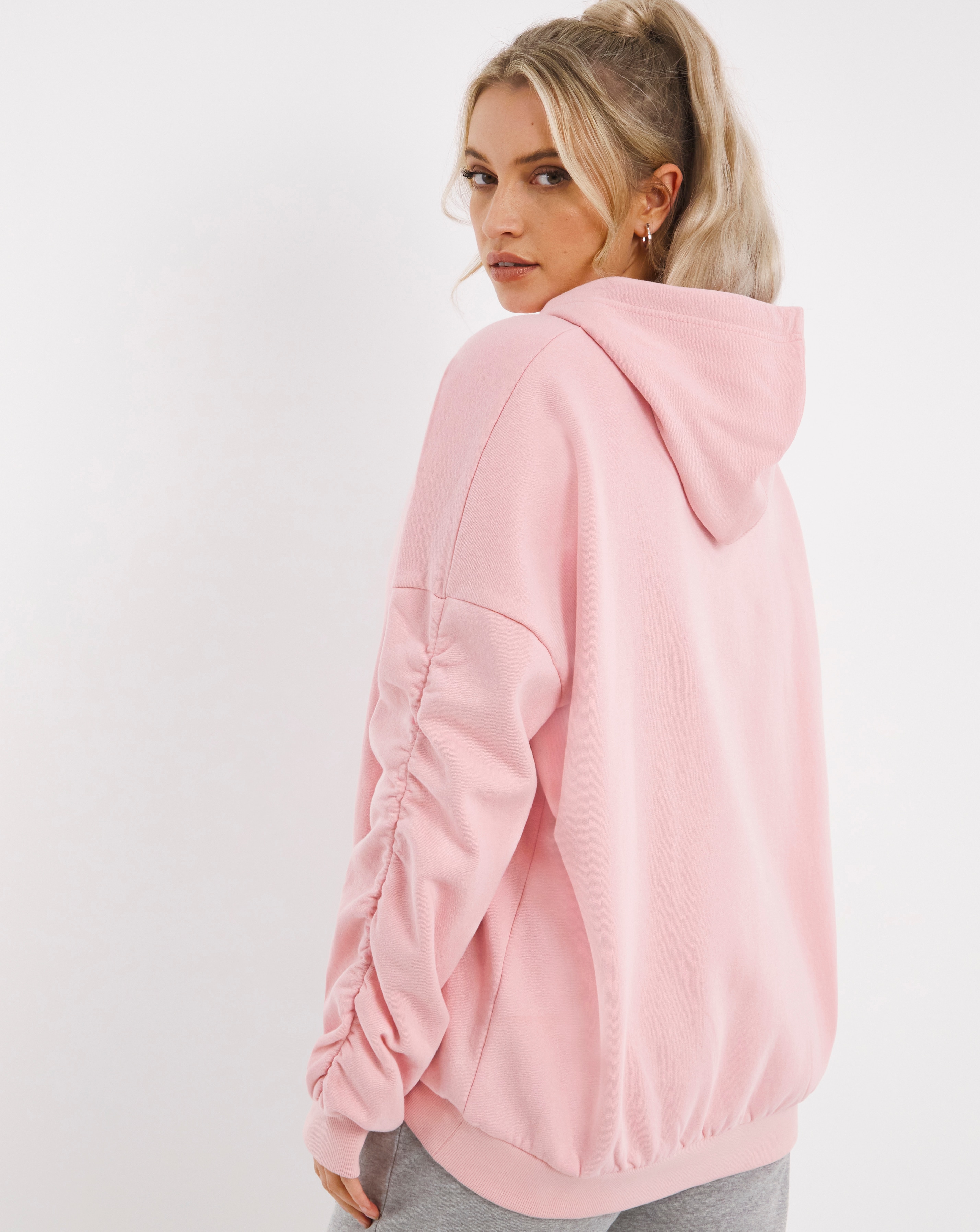 ruched sleeve hoodie pink