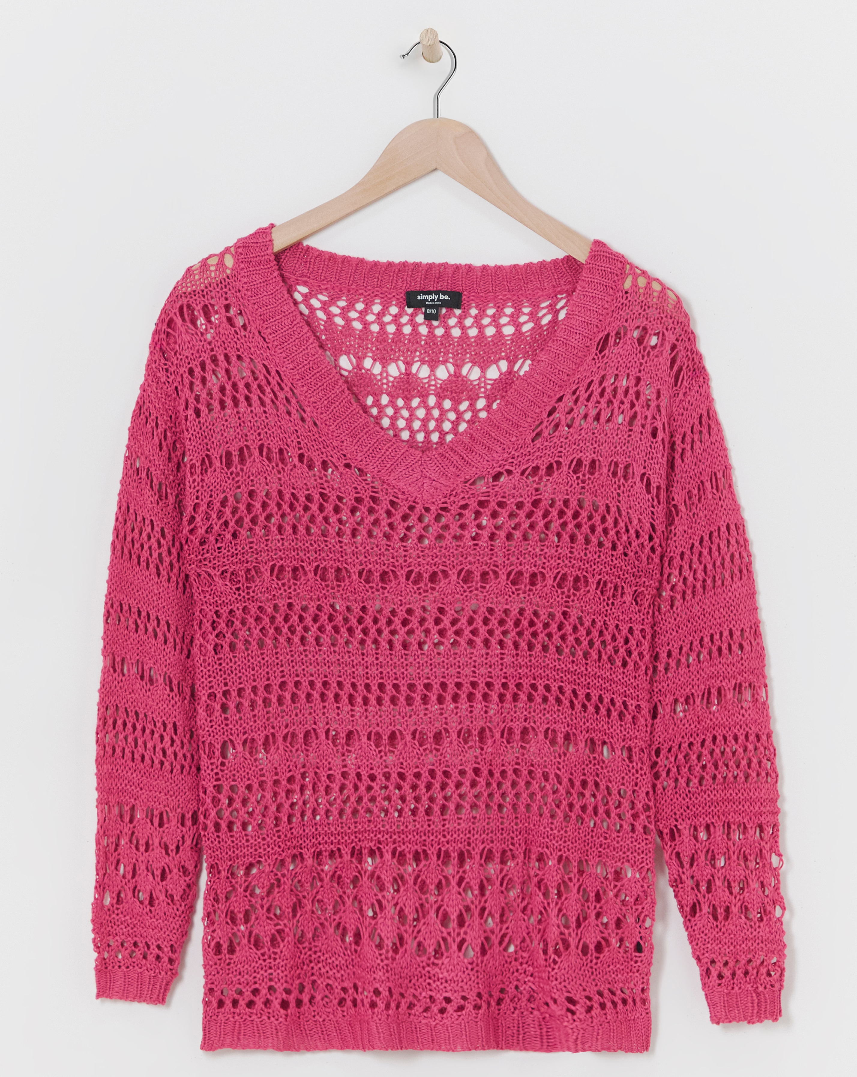 Bright Pink - Women's - Pink Wide V Neck Crochet Jumper - Size 45207