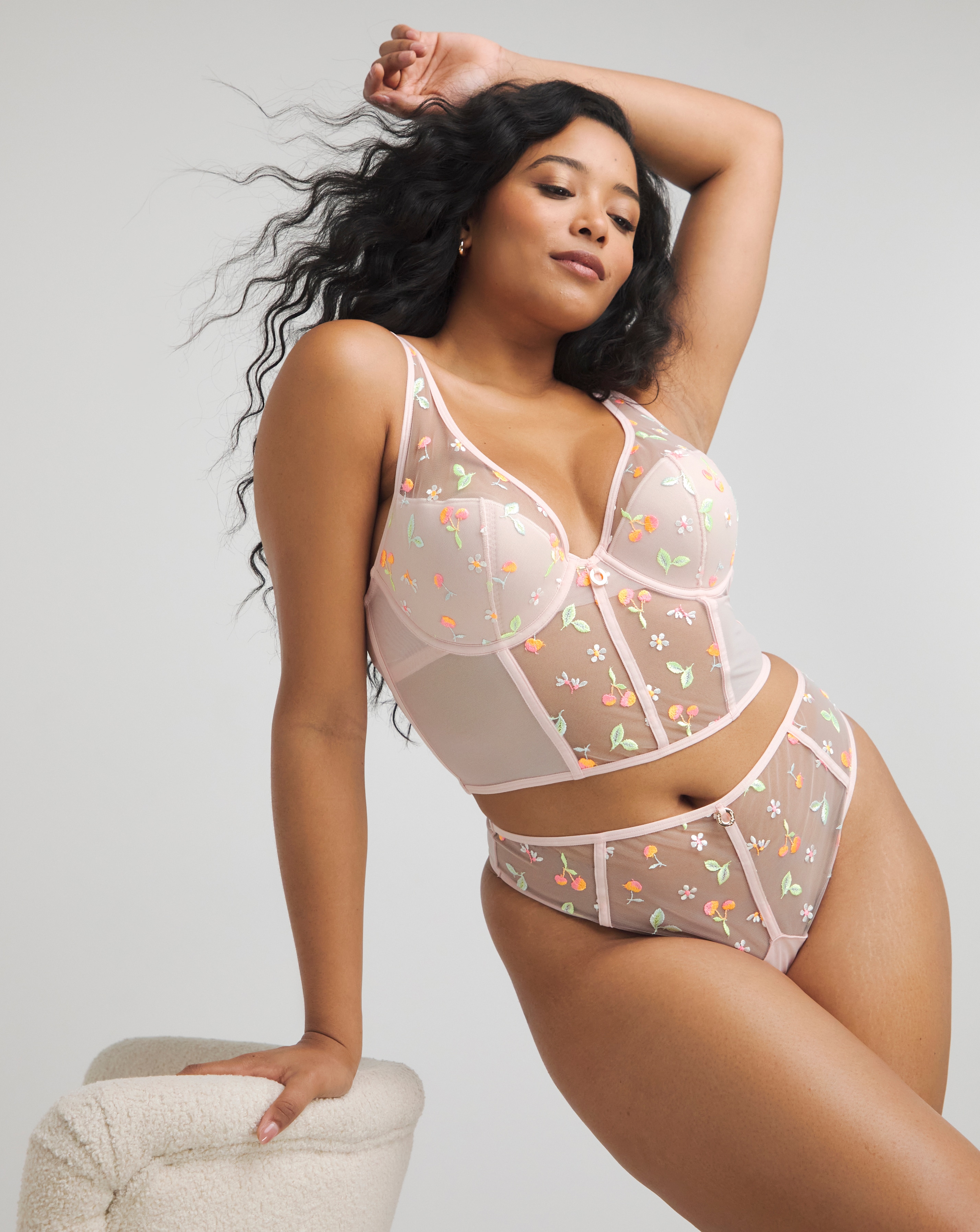 Simply Be Cherries Embroidery Half Padded LL Bra In Pink | UK Size 36B Women's