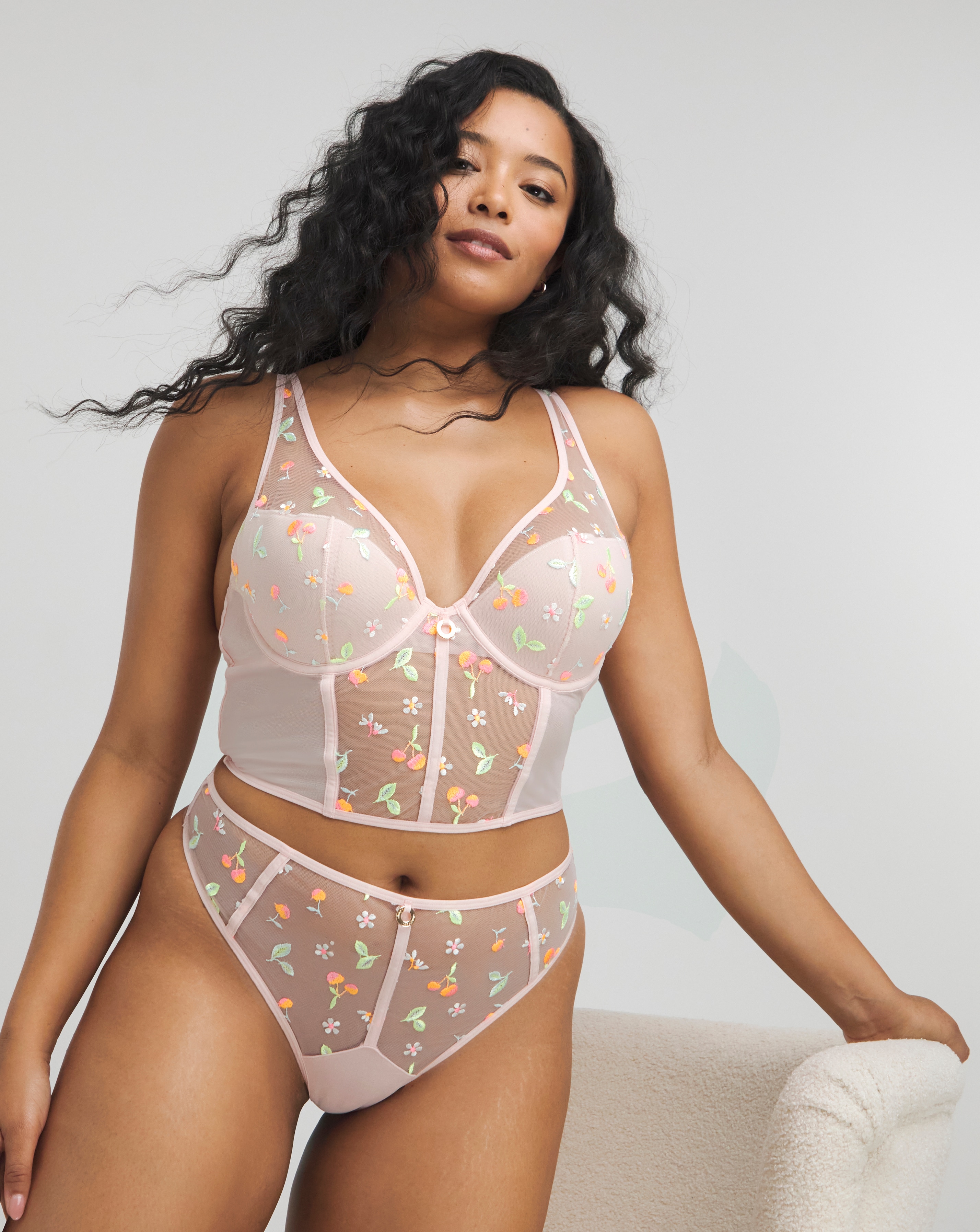 Simply Be Plus Size Cherries Embroidery Thong In Pink | UK Size 28 Women's