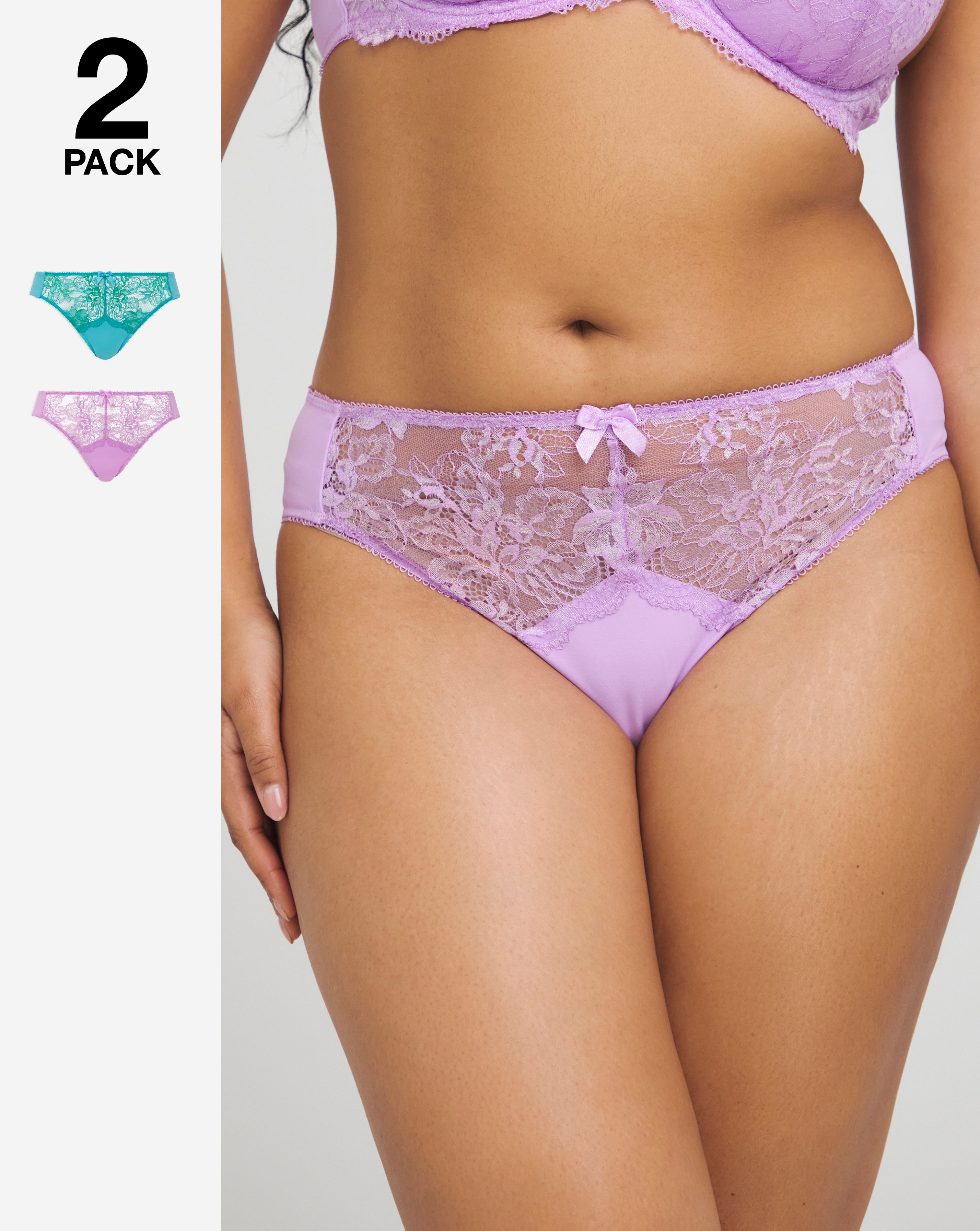 Pretty Secrets Plus Size 2 Pack Ella Lace Midi High Leg Briefs In Blue/lilac | UK Size 16 Women's