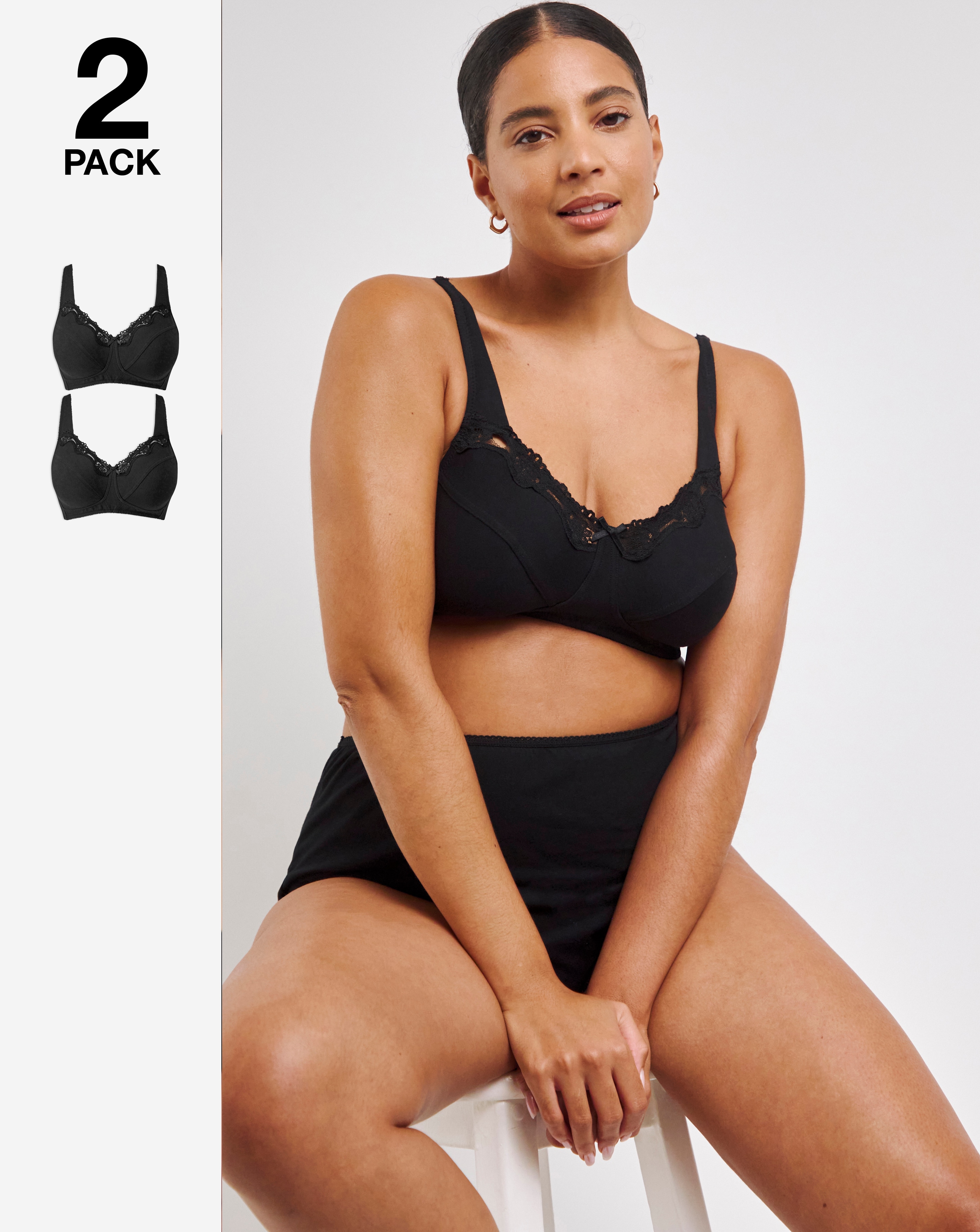 Pretty Secrets 2 Pack Sarah Non Wired Bras In Black/black | UK Size 36B Women's