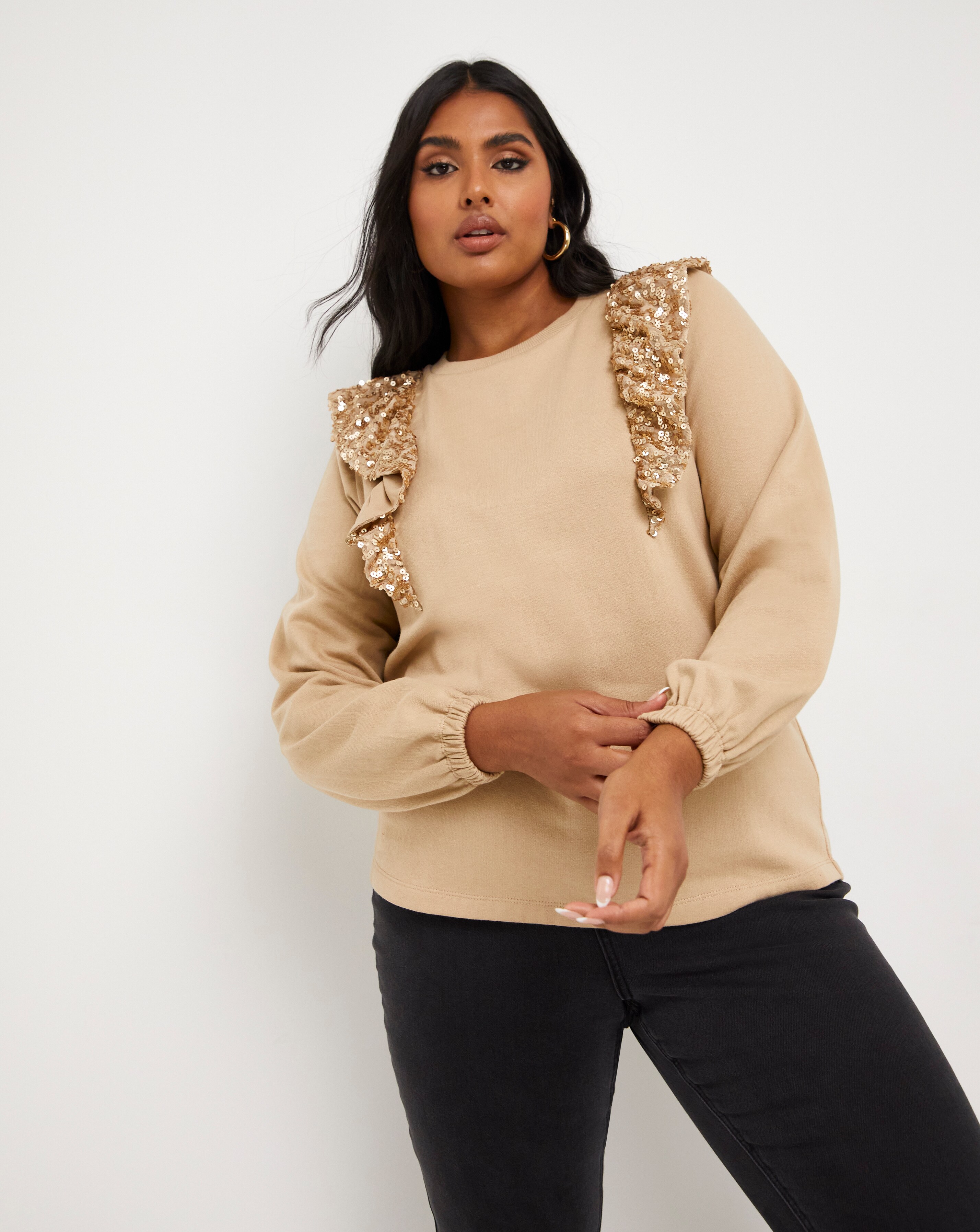 Sequin Frill Sleeve Sweatshirt | Simply Be
