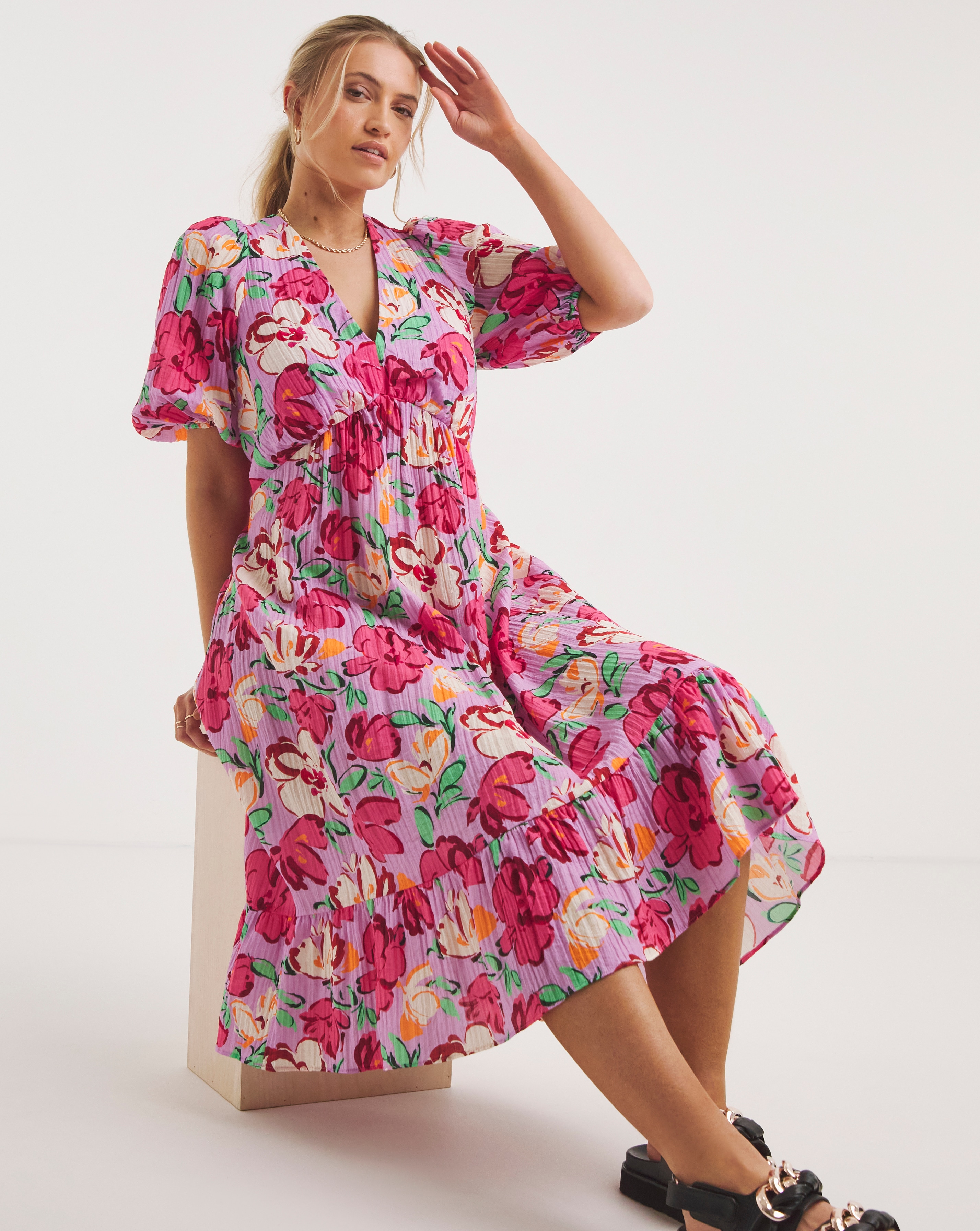 Pink Floral - Women's - Nobody's Child Amy Midi Dress - Size 12