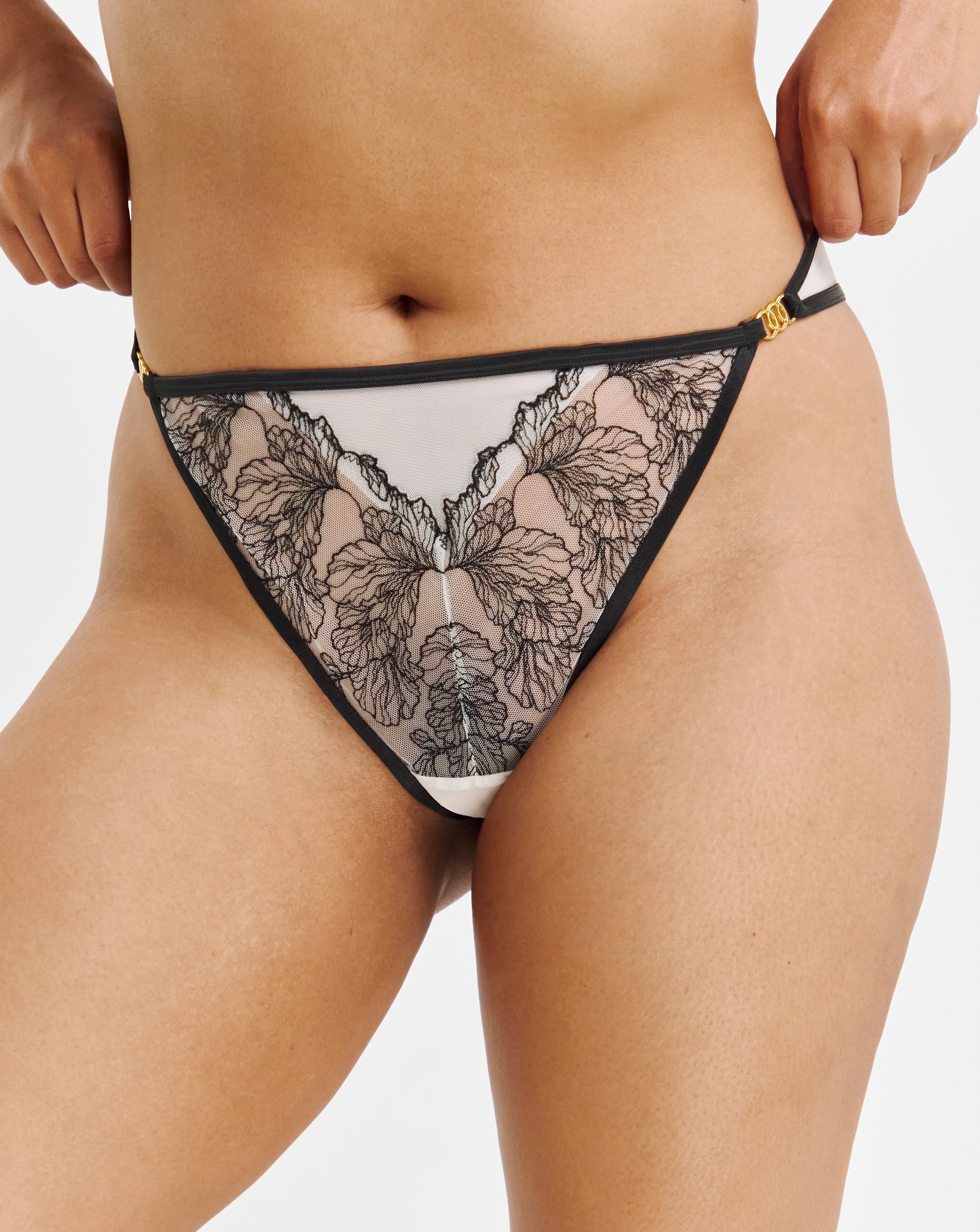 Figleaves Emilia Embroidered Thong In Black/almond | UK Size 8 Women's