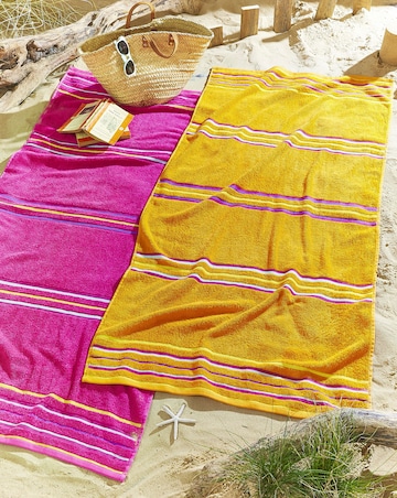 Catherine Lansfield Cotton Rainbow Beach Towel Pair - Hot Pink & Orange