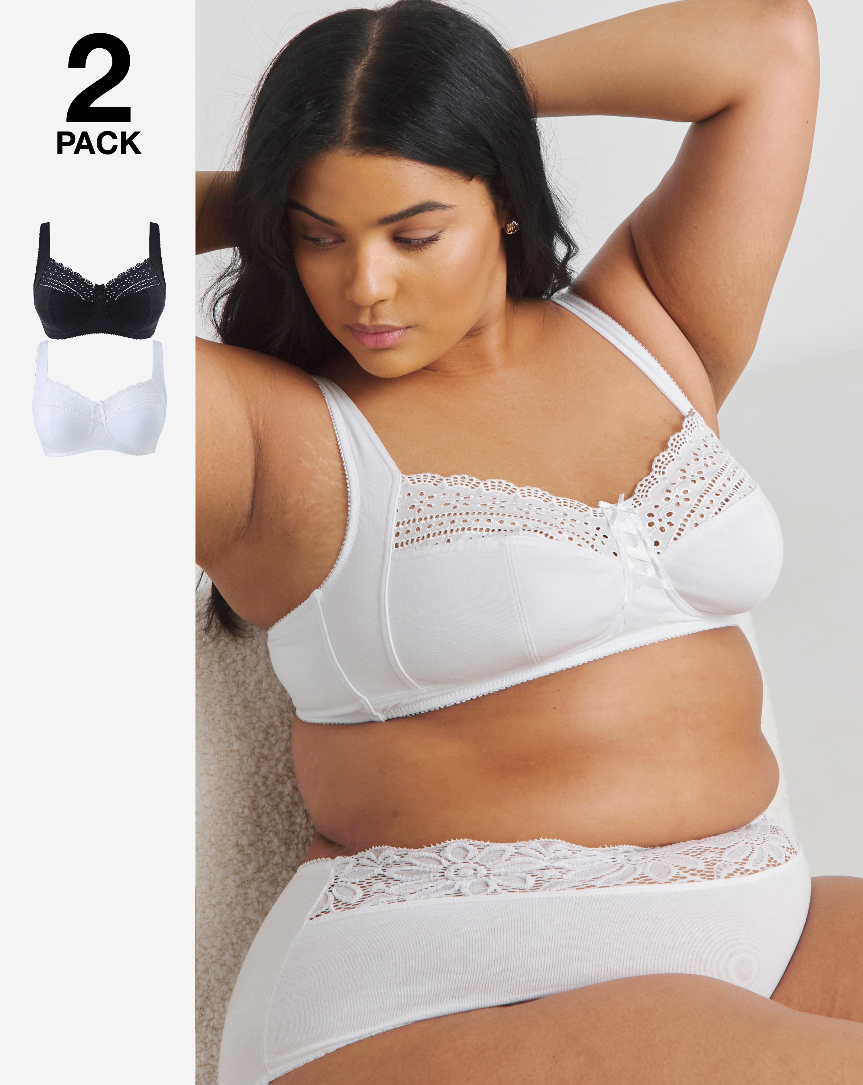 Pretty Secrets 2Pack Jane Non Wired Bras In White/black | UK Size 38C Women's