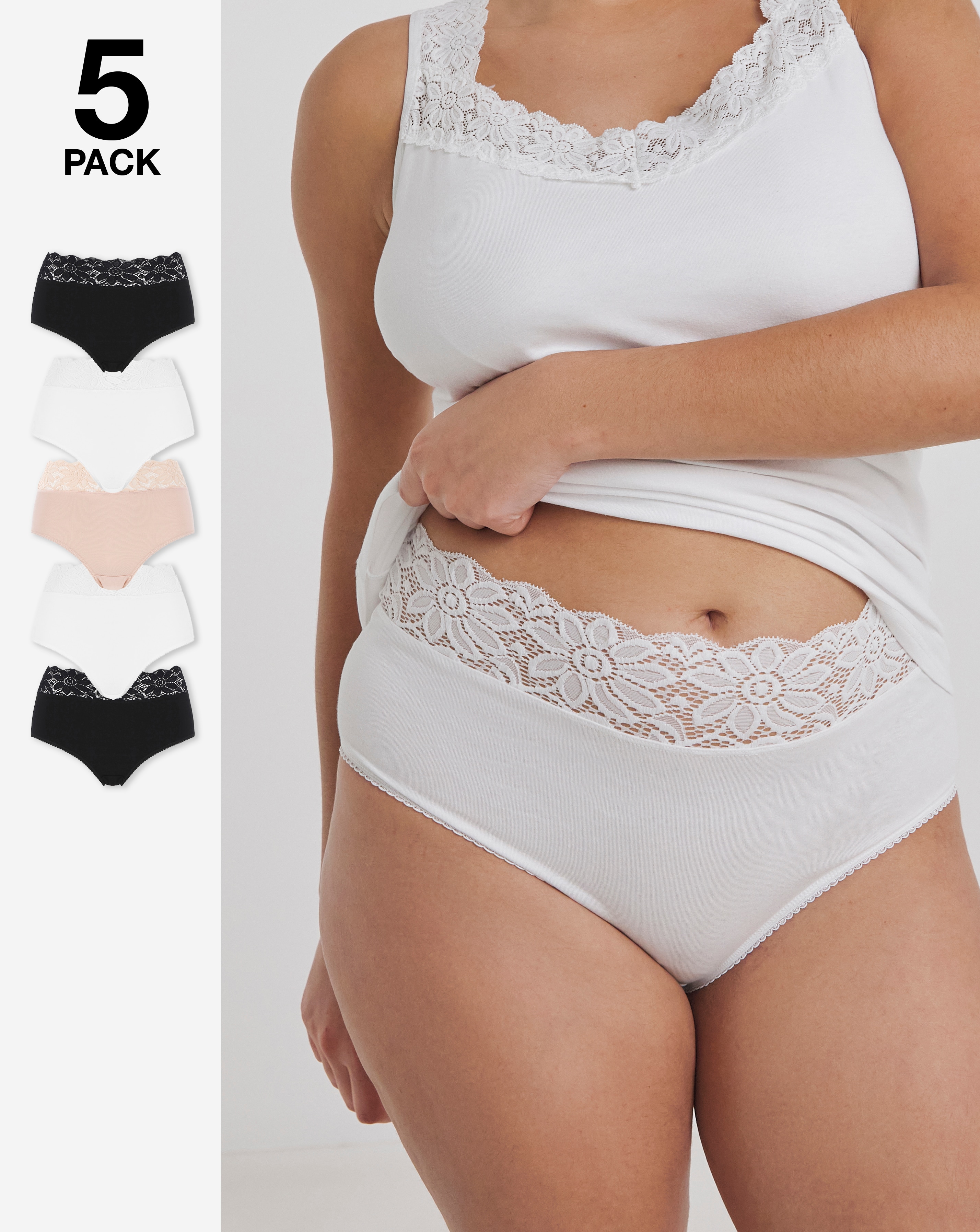 Pretty Secrets Plus Size 5 Pack Neutral Lace Top Full Fit Briefs In Black/white/blush | UK Size 16/18 Women's