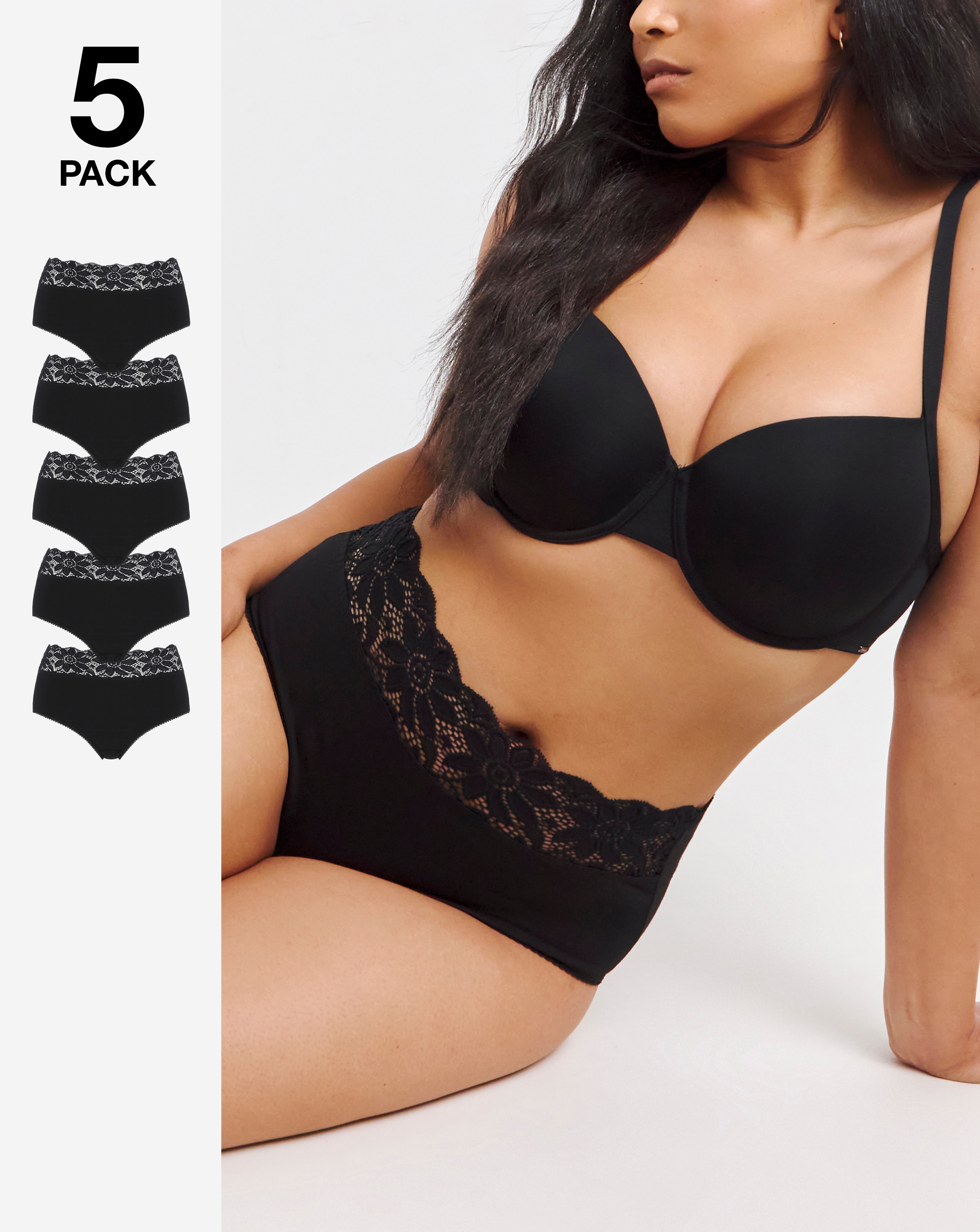 Pretty Secrets Plus Size 5 Pack Lace Top Full Fit Briefs In Black | UK Size 16/18 Women's
