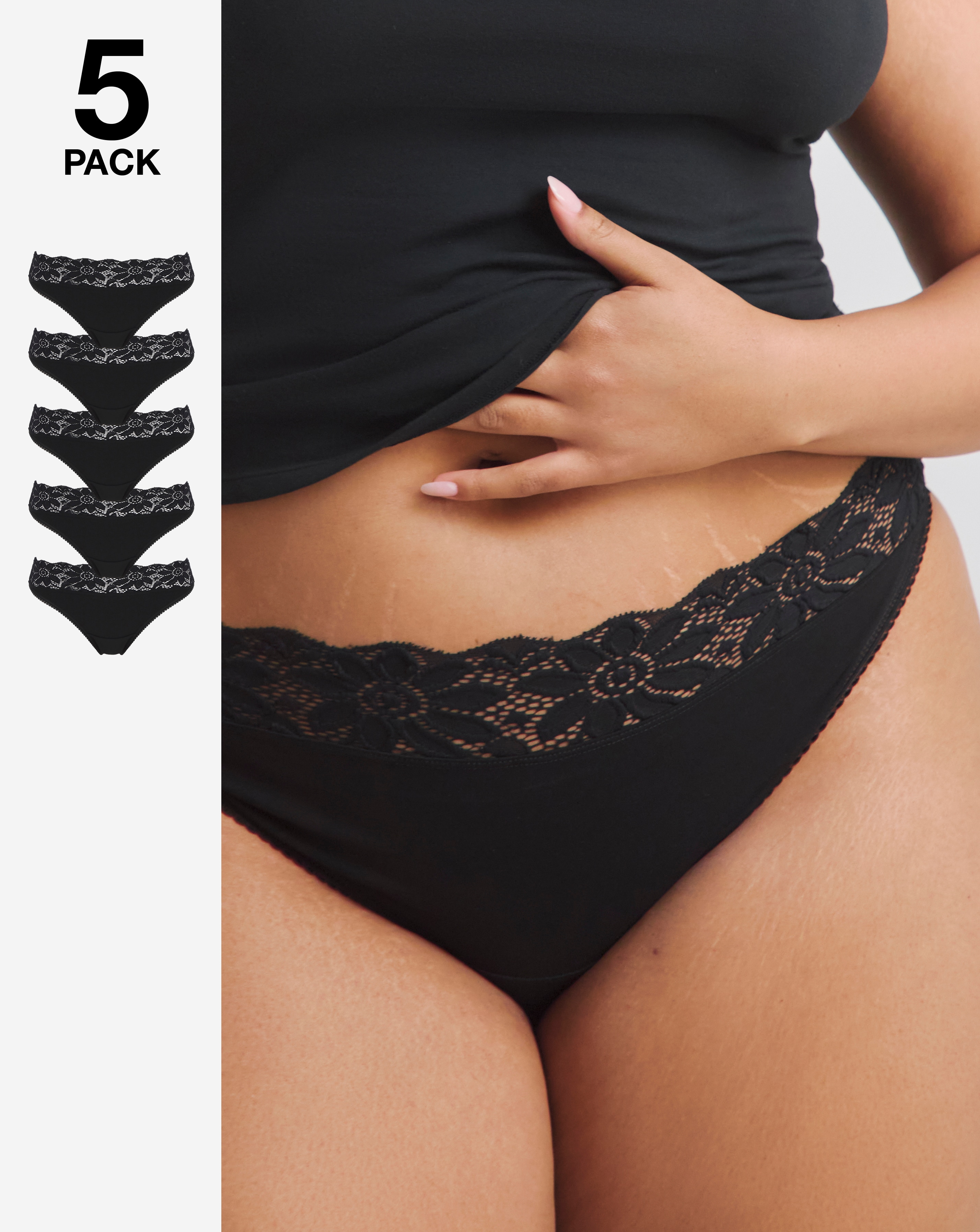 Pretty Secrets Plus Size 5 Pack Lace Top Thongs In Black | UK Size 16/18 Women's